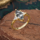 6 Prong Marquise Cut Three Stone Black Rutilated Quartz  Engagement Ring Anniversary Gift for Women